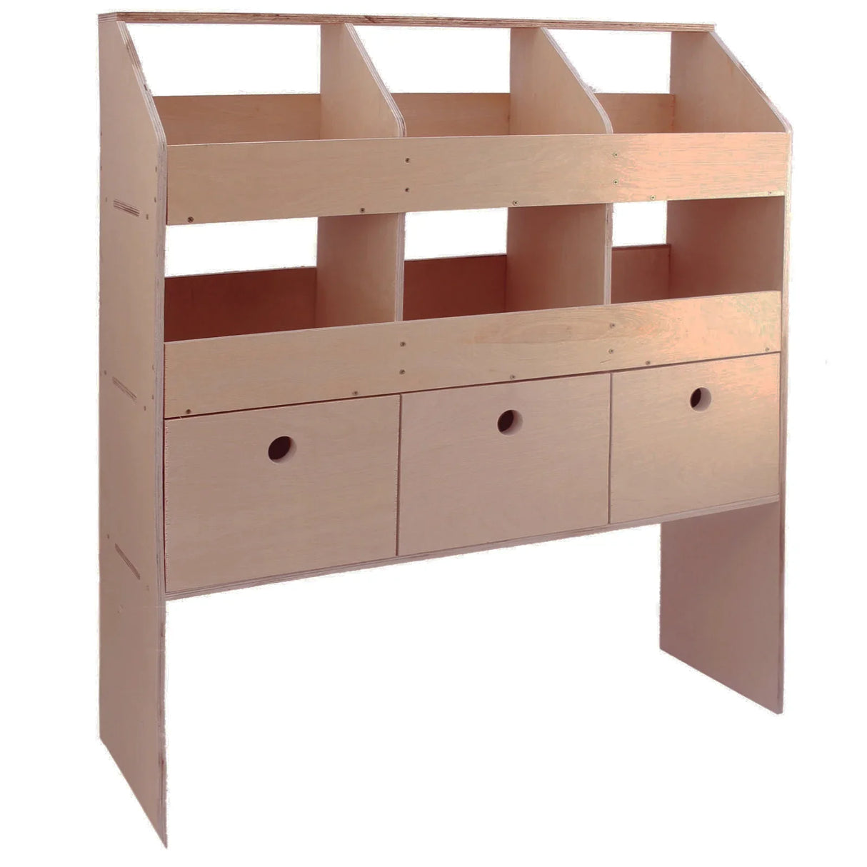 Universal van racking storage system in light wood, featuring three drawers and multiple open compartments for organized storage
