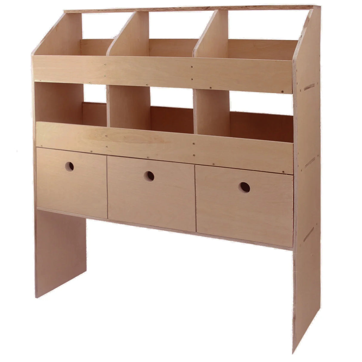Universal van racking storage system in light wood, featuring five open compartments and three drawers for organized storage
