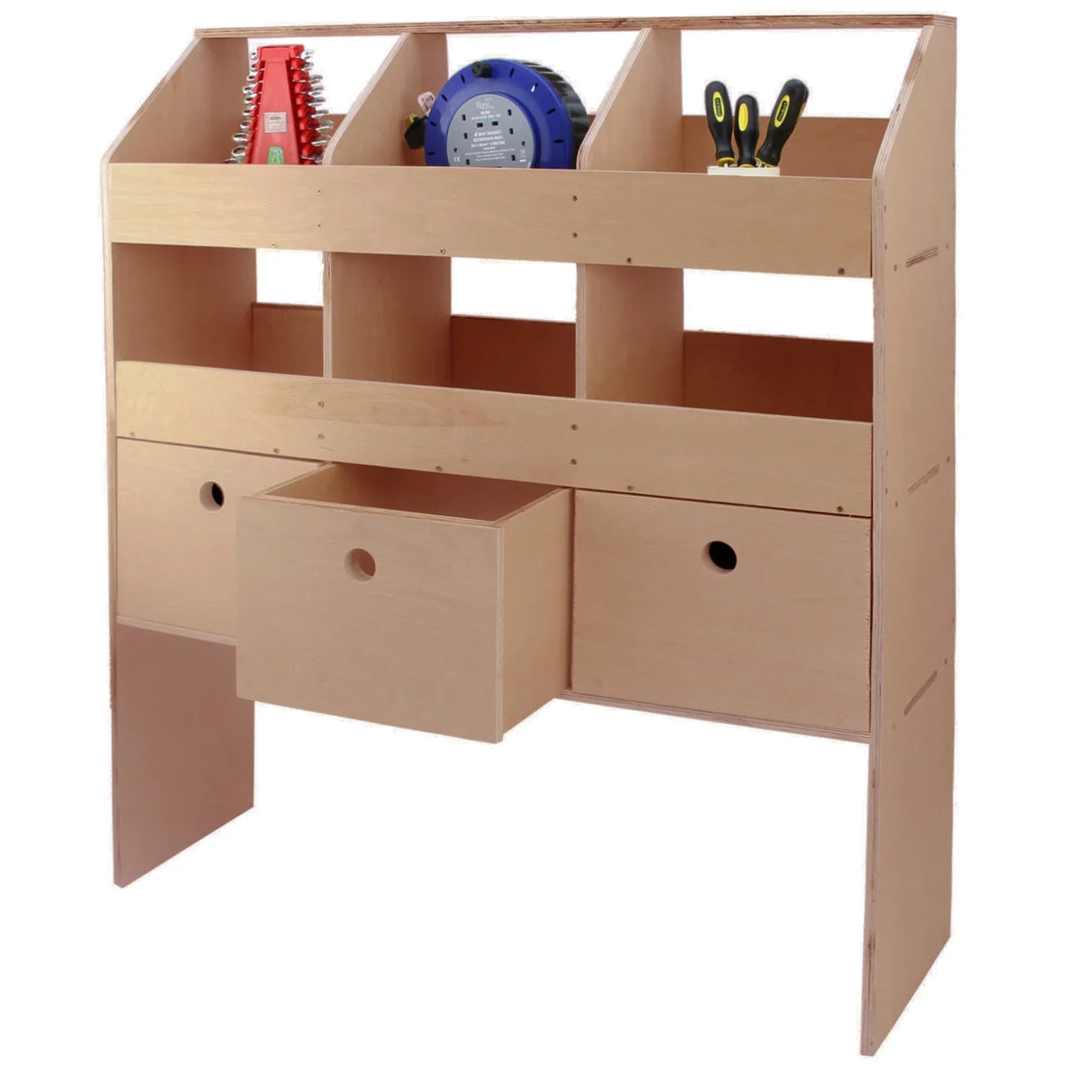 Universal van racking storage system in light wood, featuring multiple shelves, drawers, and tool compartments for organized storage