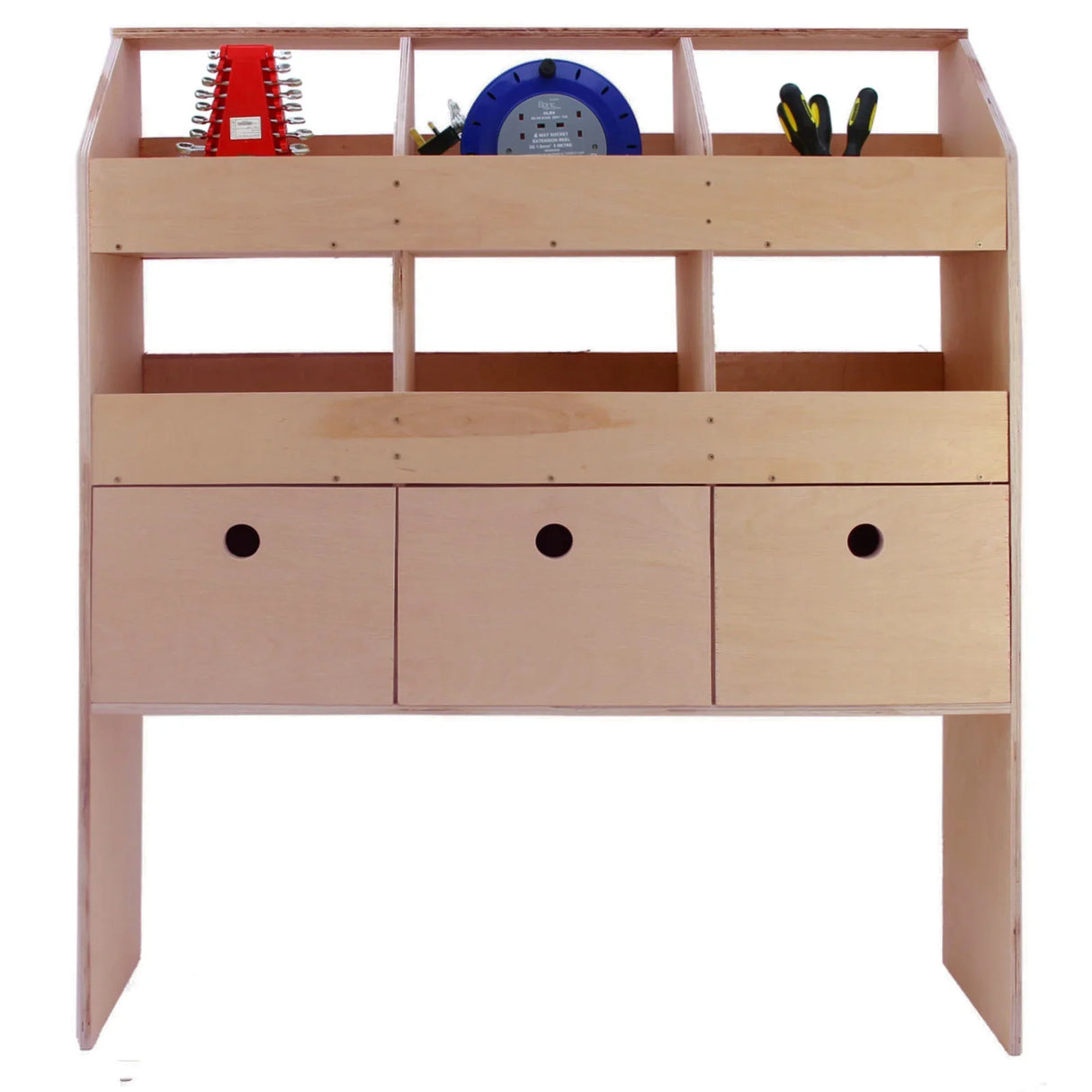 Universal van racking storage system in light wood, featuring multiple compartments and drawers for organized tool storage