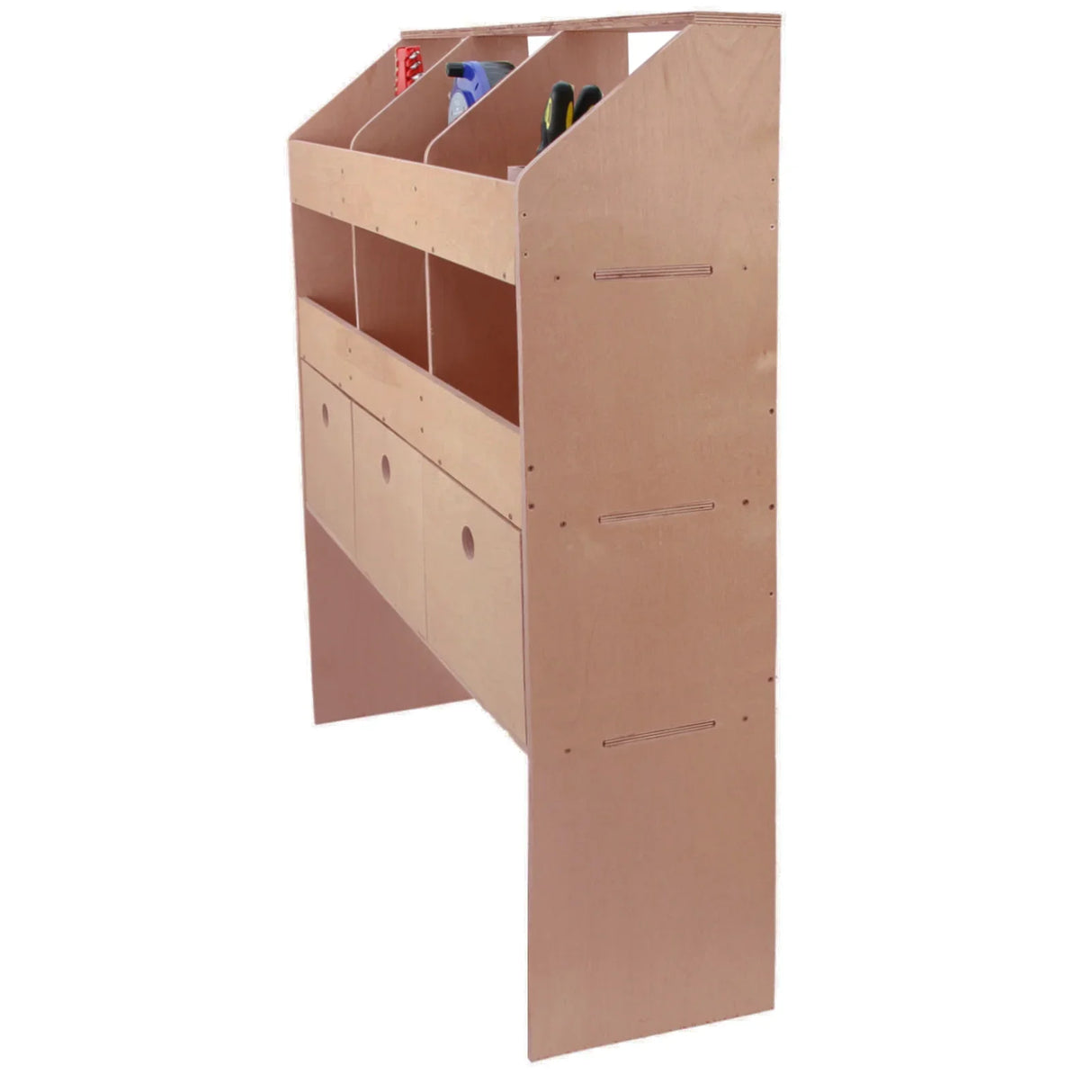Universal van racking storage system in light wood, featuring multiple open compartments and three drawers for organized tool storage