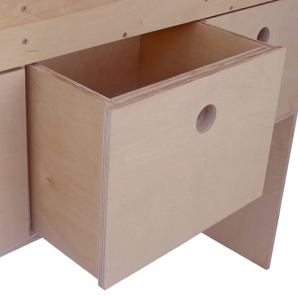 Universal van racking storage system featuring a sturdy wooden drawer with a circular handle, designed for efficient organization