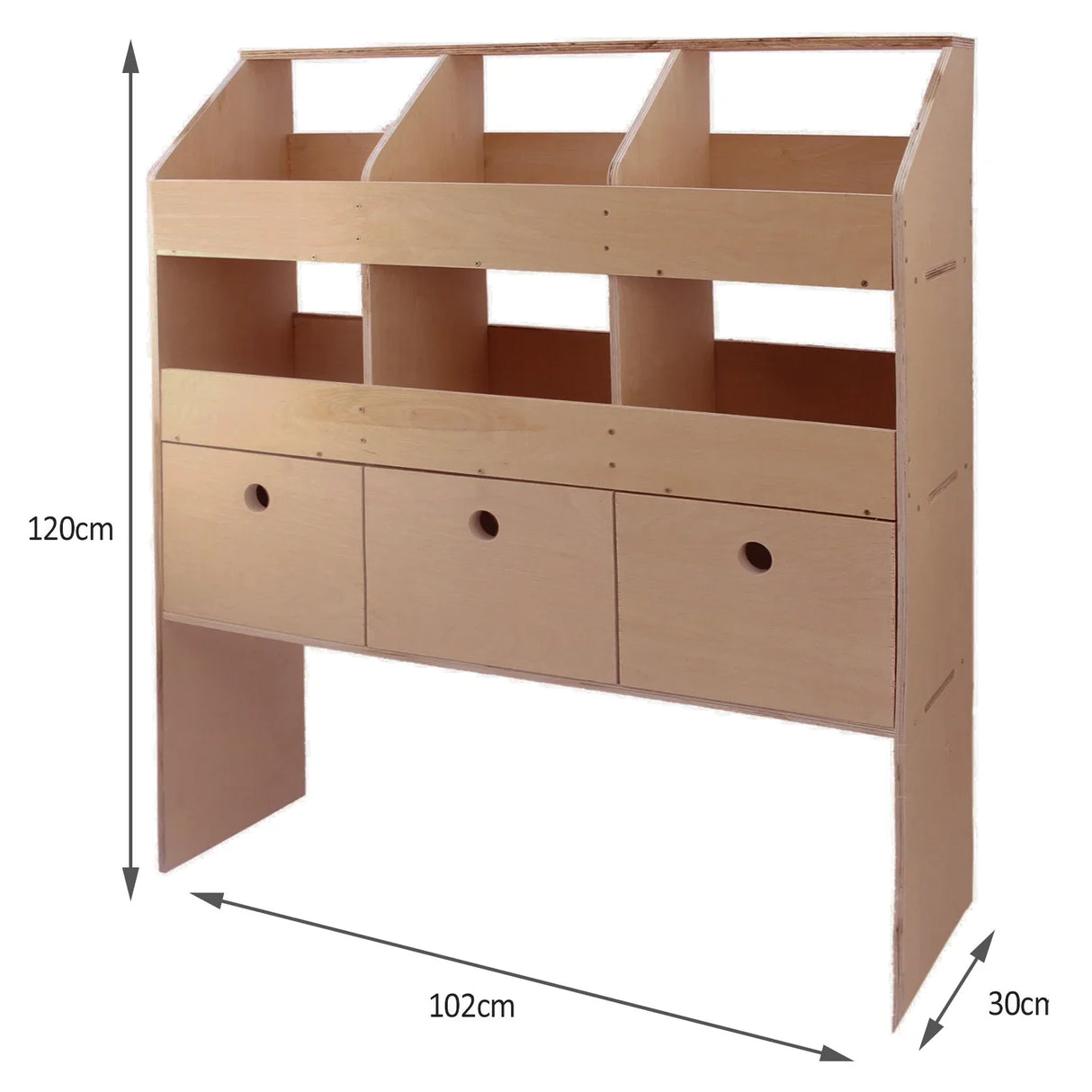 Universal van racking storage system in light wood, featuring three open compartments and three drawers for organized storage