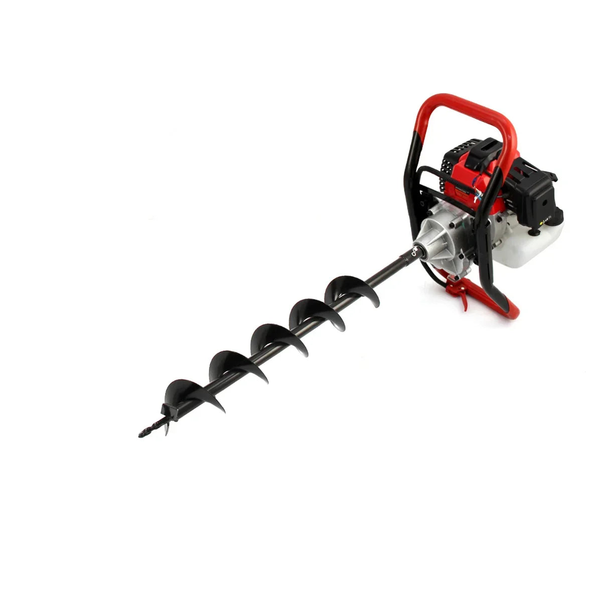 T-Mech Earth Auger with a red and black handle, featuring a spiral drill bit for efficient digging and a powerful 2-stroke engine