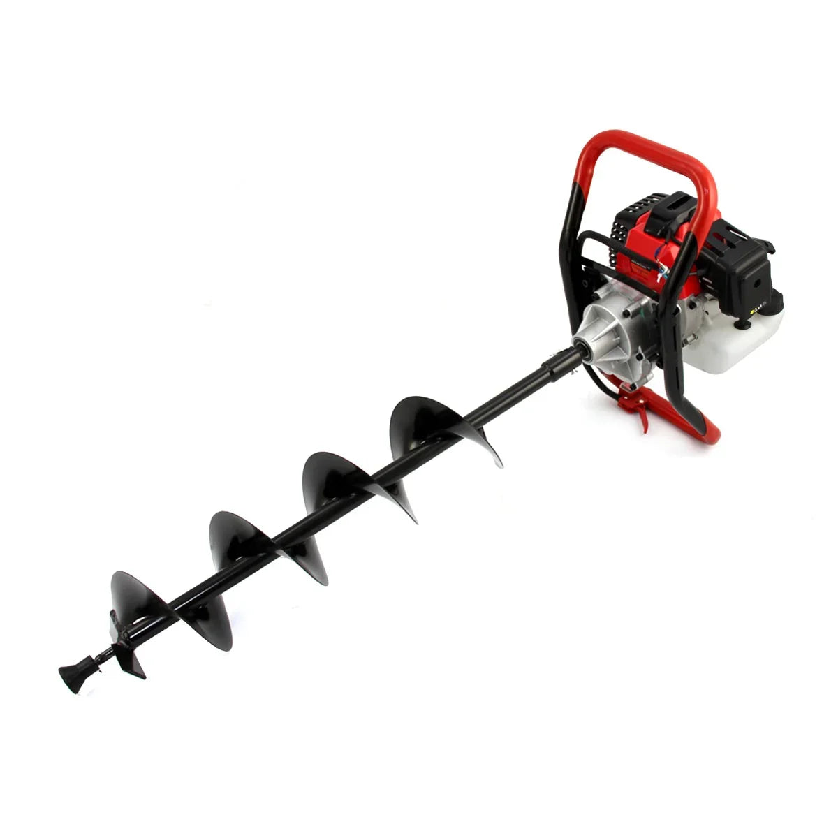 T-Mech Earth Auger with a red and black 2-stroke engine, featuring a long spiral drill bit for efficient soil digging and post driving