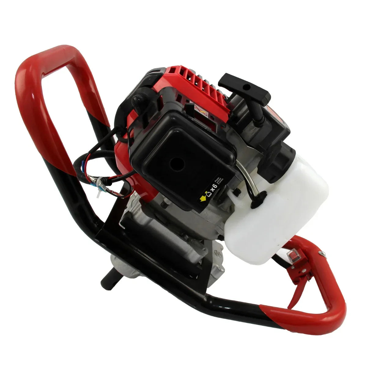 T-Mech Earth Auger with a red and black frame, featuring a powerful 2-stroke engine and fuel tank for efficient digging and post driving