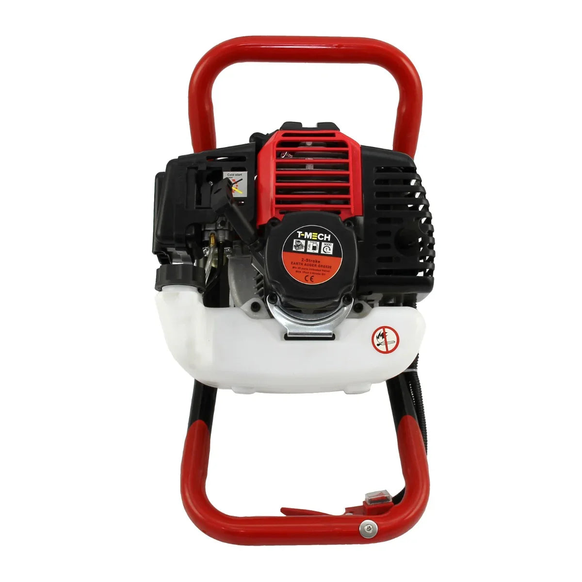 T-Mech Earth Auger with a red and black 2-stroke engine, featuring a sturdy frame and easy-grip handle for efficient digging