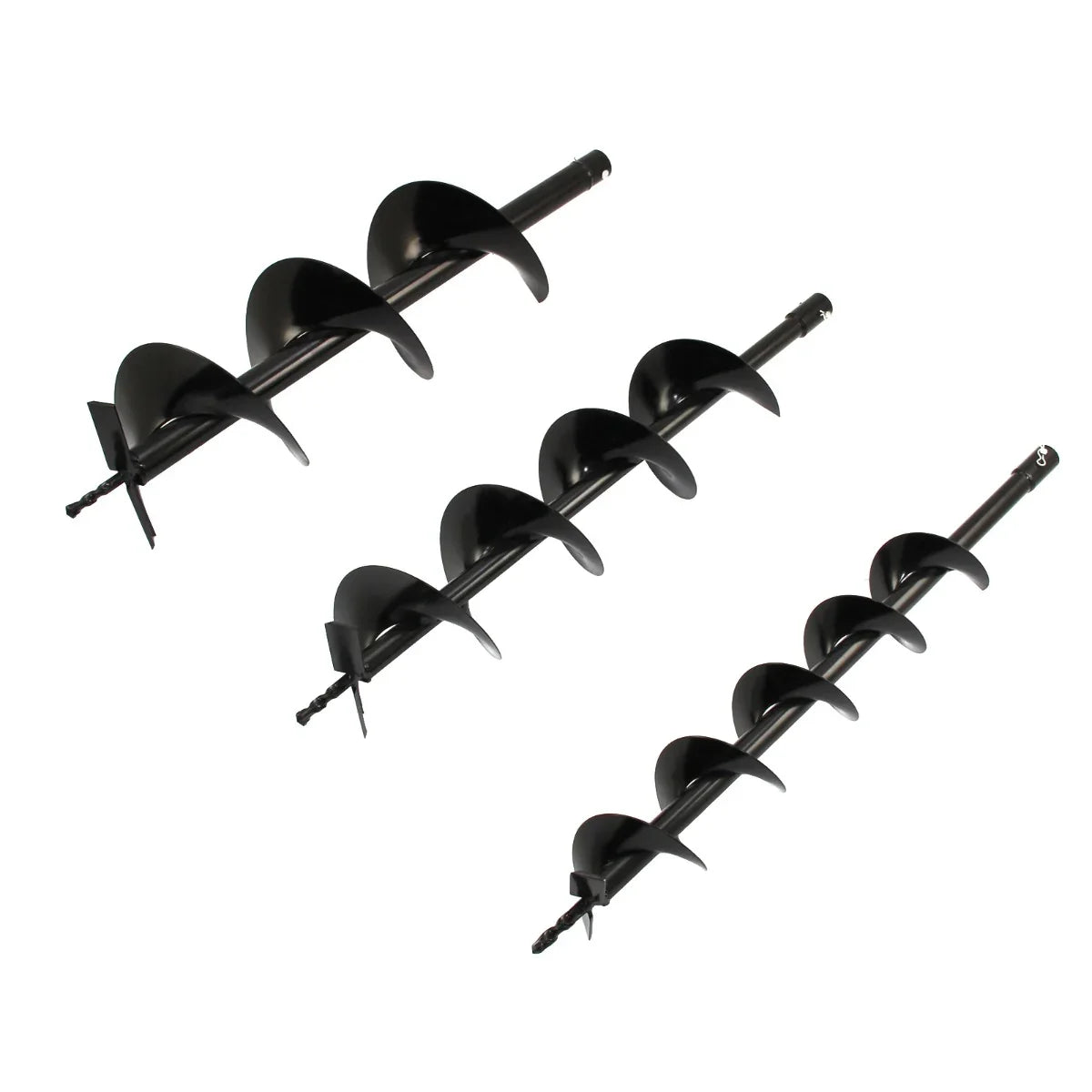 T-Mech Earth Auger set featuring three black metal drill bits in varying sizes, designed for efficient digging and post installation