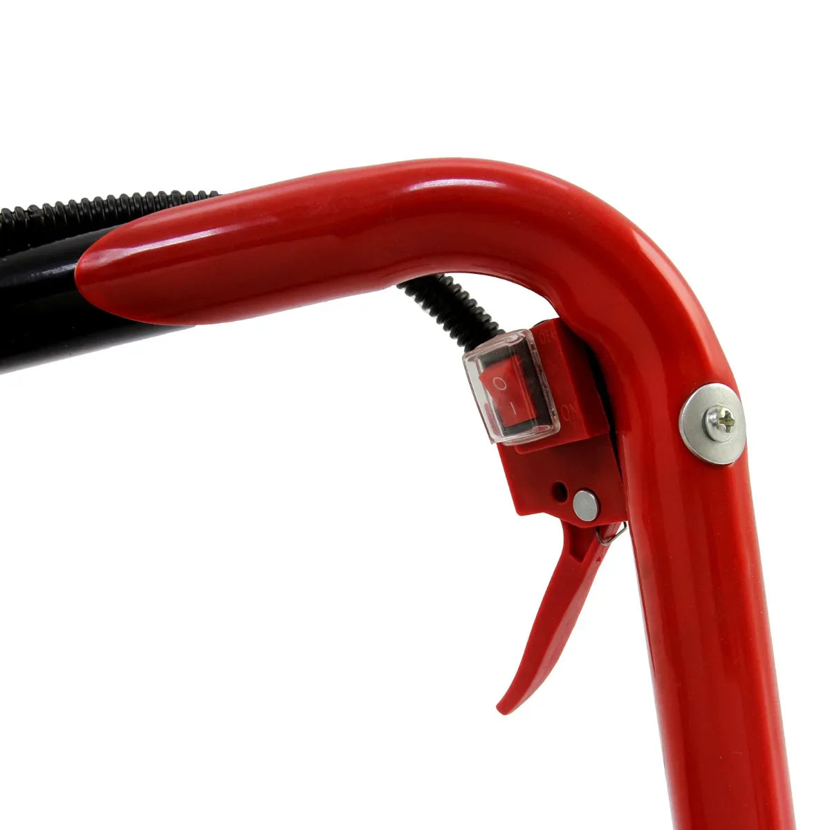 Red trigger handle of the T-Mech Earth Auger, featuring a clear safety switch and durable black tubing for enhanced grip and control