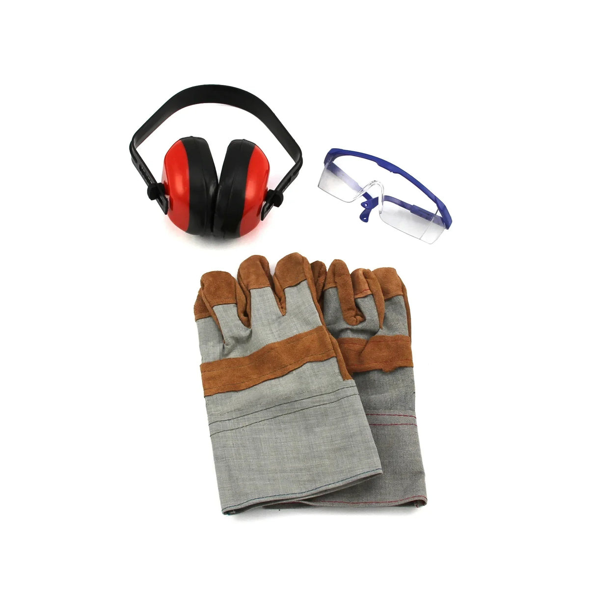 Protective gear set including red ear protection, clear safety goggles, and brown leather gloves with gray fabric backing