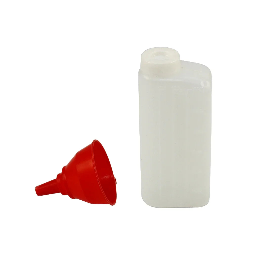 Clear plastic fuel container with measurement markings and a red funnel, designed for easy pouring and refueling of equipment