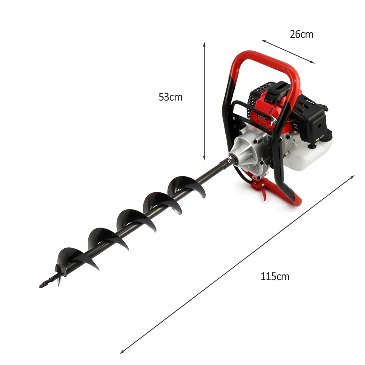 Earth auger with a red handle, black drill bit, and 4-stroke engine, designed for efficient post driving and digging tasks