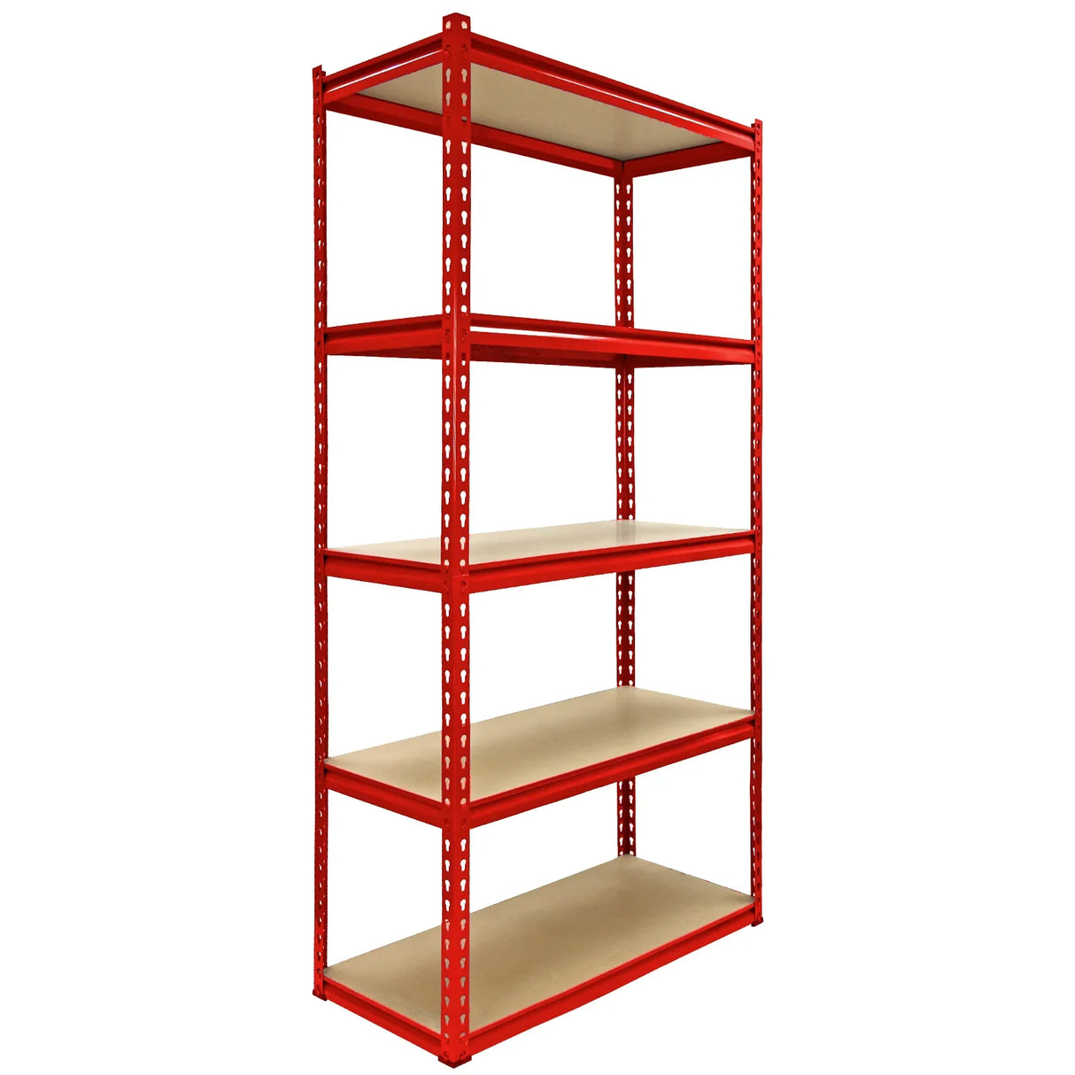 Sturdy red metal corner racking bundle with four garage bays and five spacious shelves, perfect for maximizing storage space