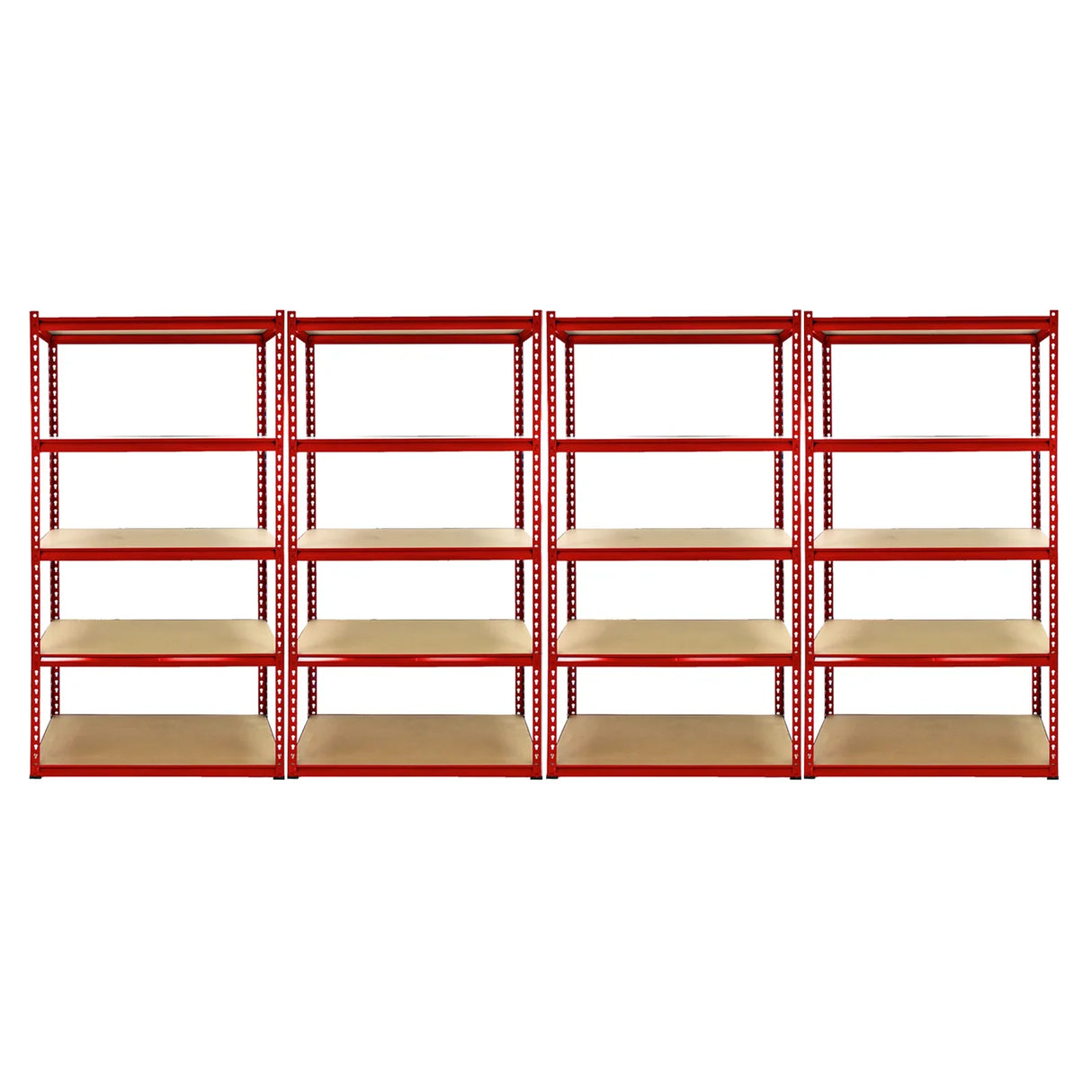 Z-Rax 90cm corner racking bundle featuring four sturdy garage racking bays with red metal frames and beige shelves for storage