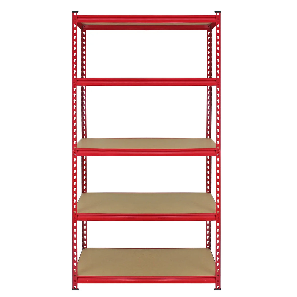 Red metal shelving unit with five sturdy beige shelves, ideal for storage and organization, includes a free mallet