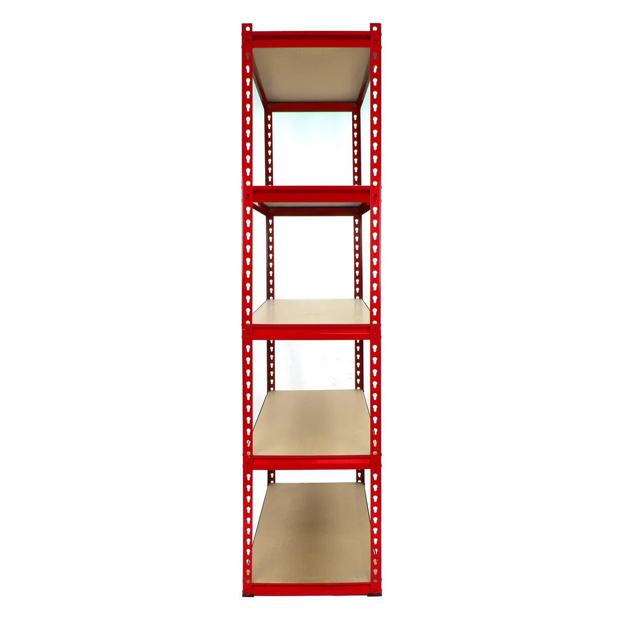 Red metal corner shelving unit with four sturdy beige shelves, designed for efficient garage storage and organization