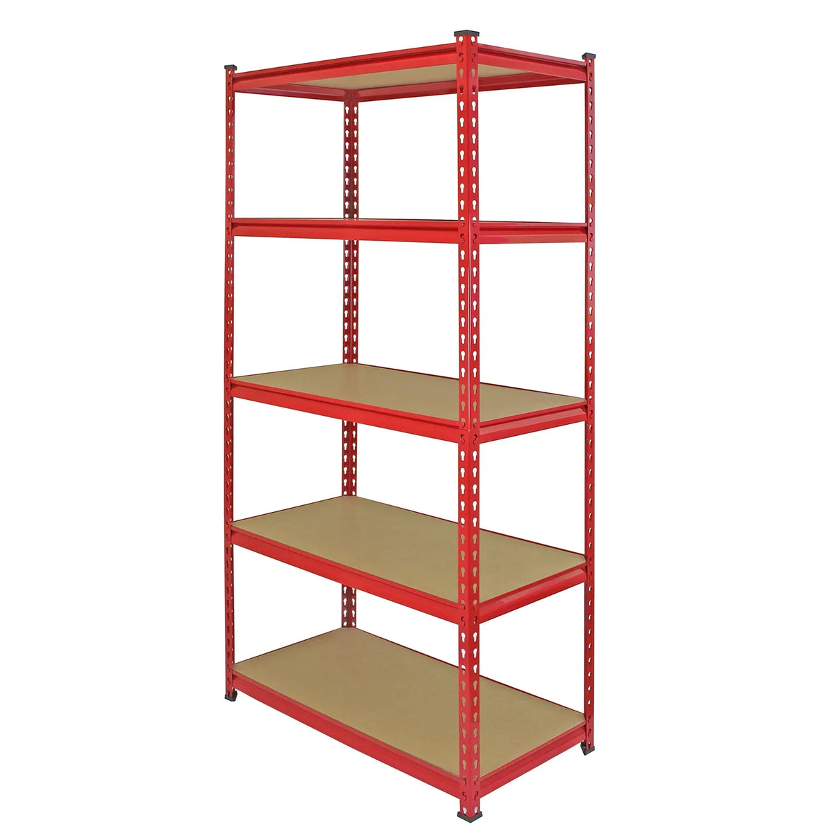 Red metal racking unit with five sturdy shelves, featuring a sleek design and durable particle board surfaces for storage solutions