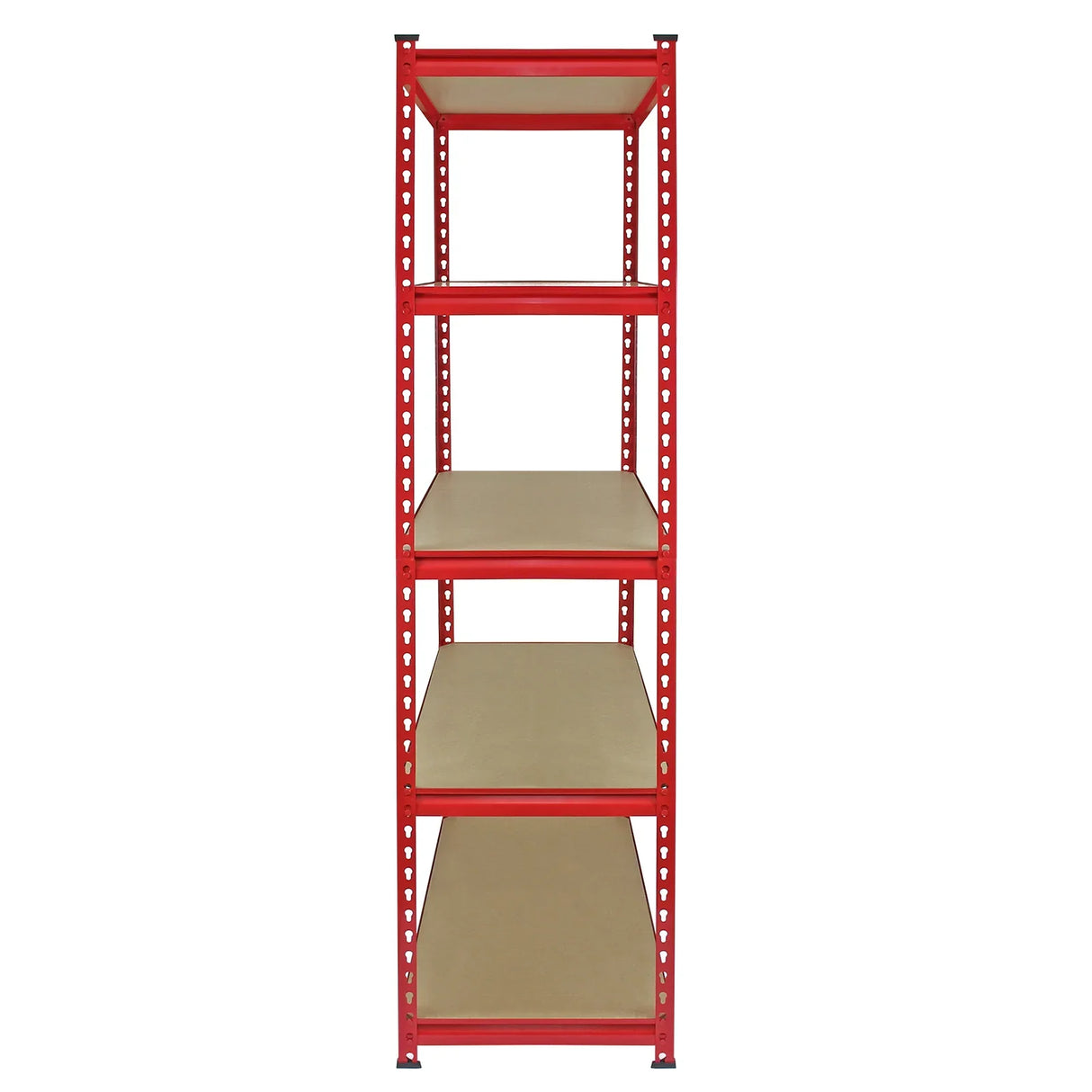 Extra strong red steel shelving unit with five beige shelves, measuring 90cm wide and 45cm deep, ideal for storage solutions