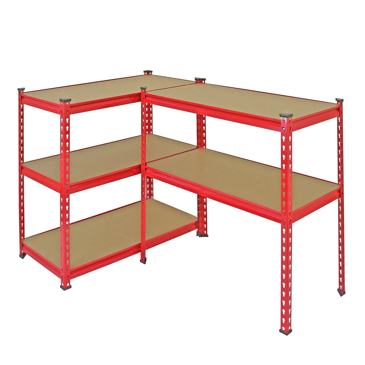 Extra strong red steel shelves with a sturdy design, featuring four spacious tiers and a 90cm width and 45cm depth for versatile storage