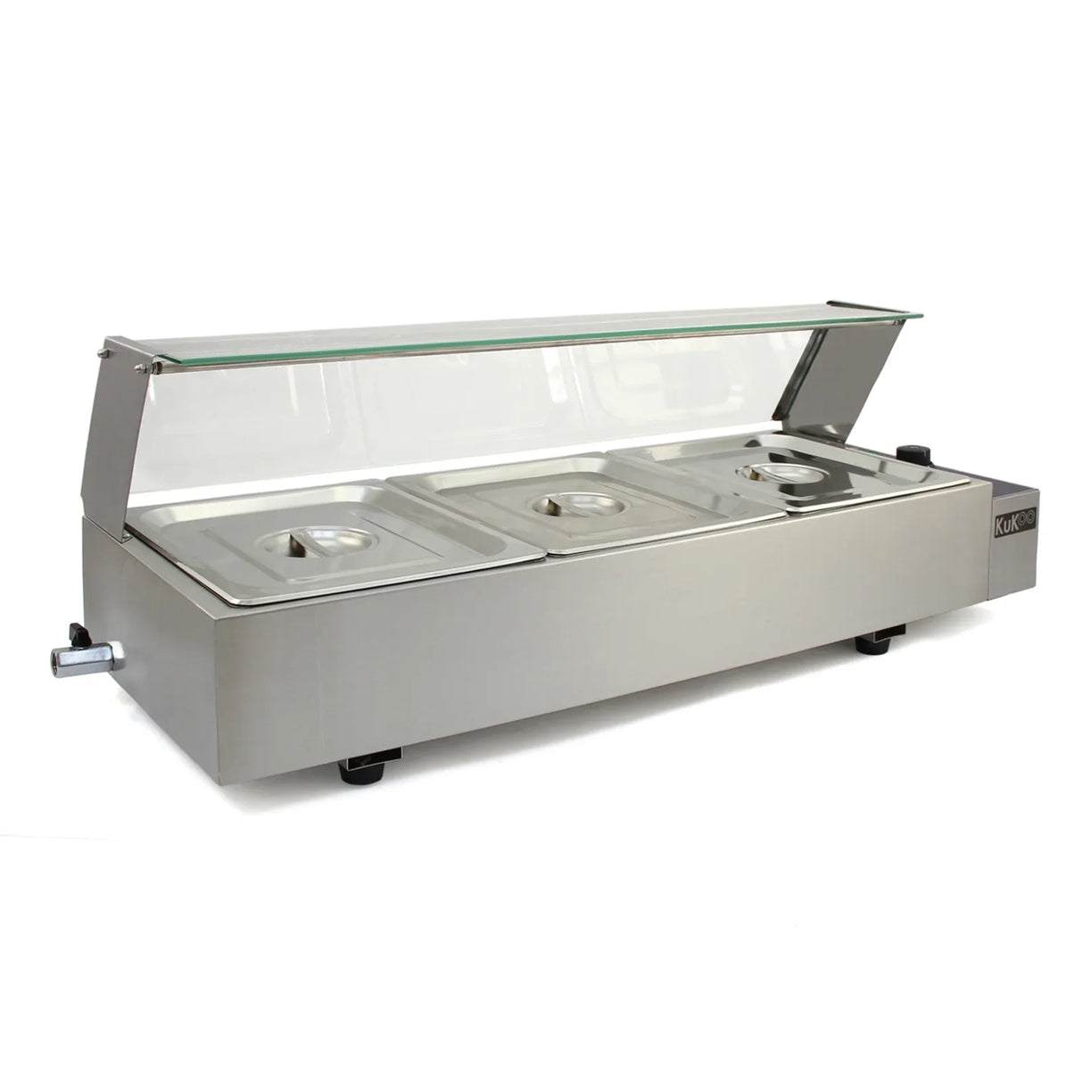 Stainless steel KuKoo 3 Pan Wet Well Bain Marie with a glass lid, featuring three compartments for food storage and serving
