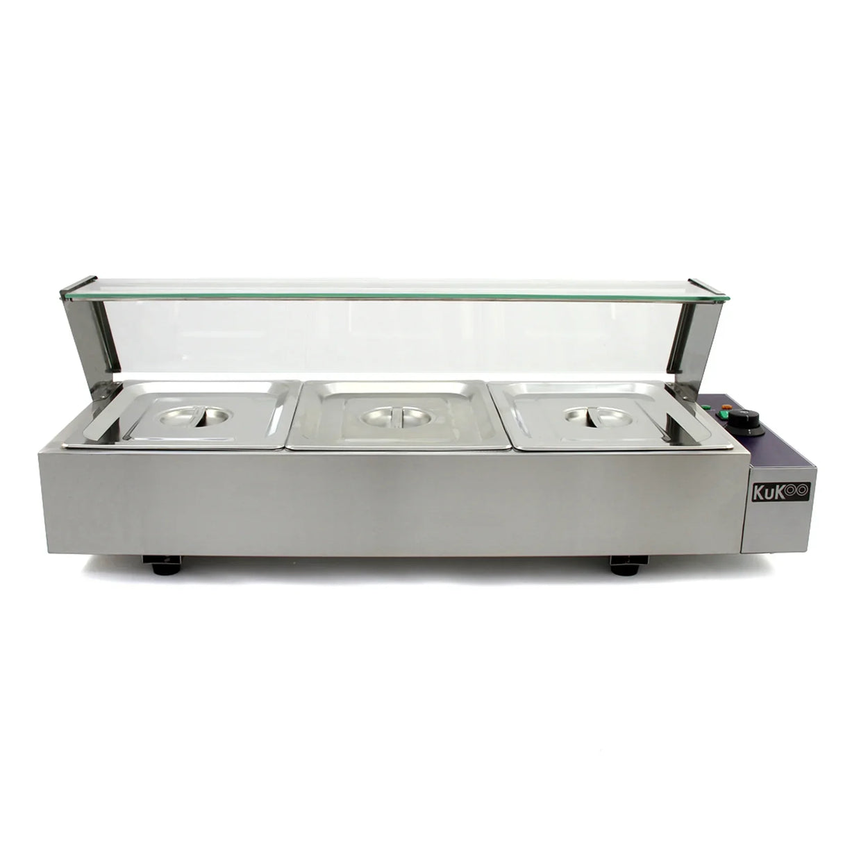 Stainless steel KuKoo 3 Pan Wet Well Bain Marie with three compartments, glass lid, and adjustable temperature control for food warming