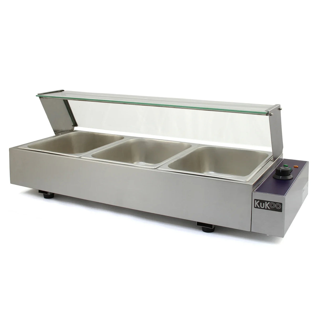 Stainless steel KuKoo 3 Pan Wet Well Bain Marie with three compartments, glass lid, and adjustable temperature control for food warming