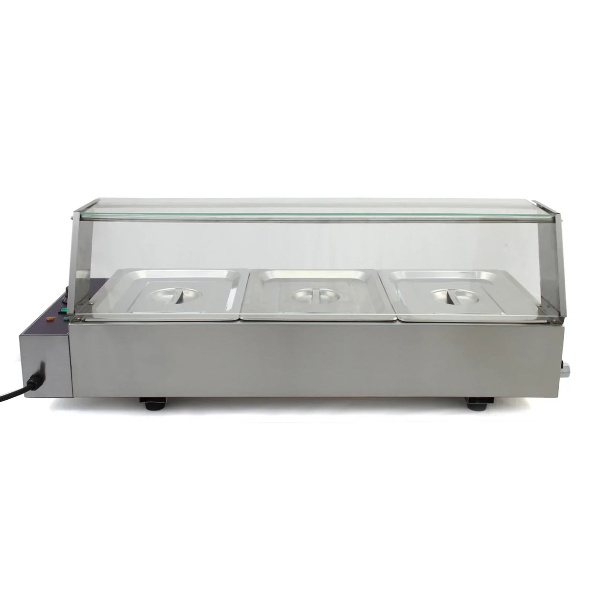 Stainless steel KuKoo 3 Pan Wet Well Bain Marie with a glass lid, featuring three compartments for food storage and serving