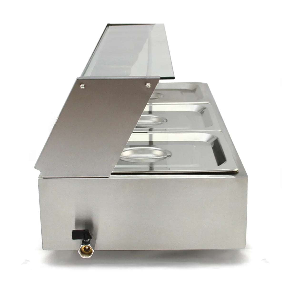 Stainless steel KuKoo 3 Pan Wet Well Bain Marie with a glass lid, featuring three deep food pans for hot food service