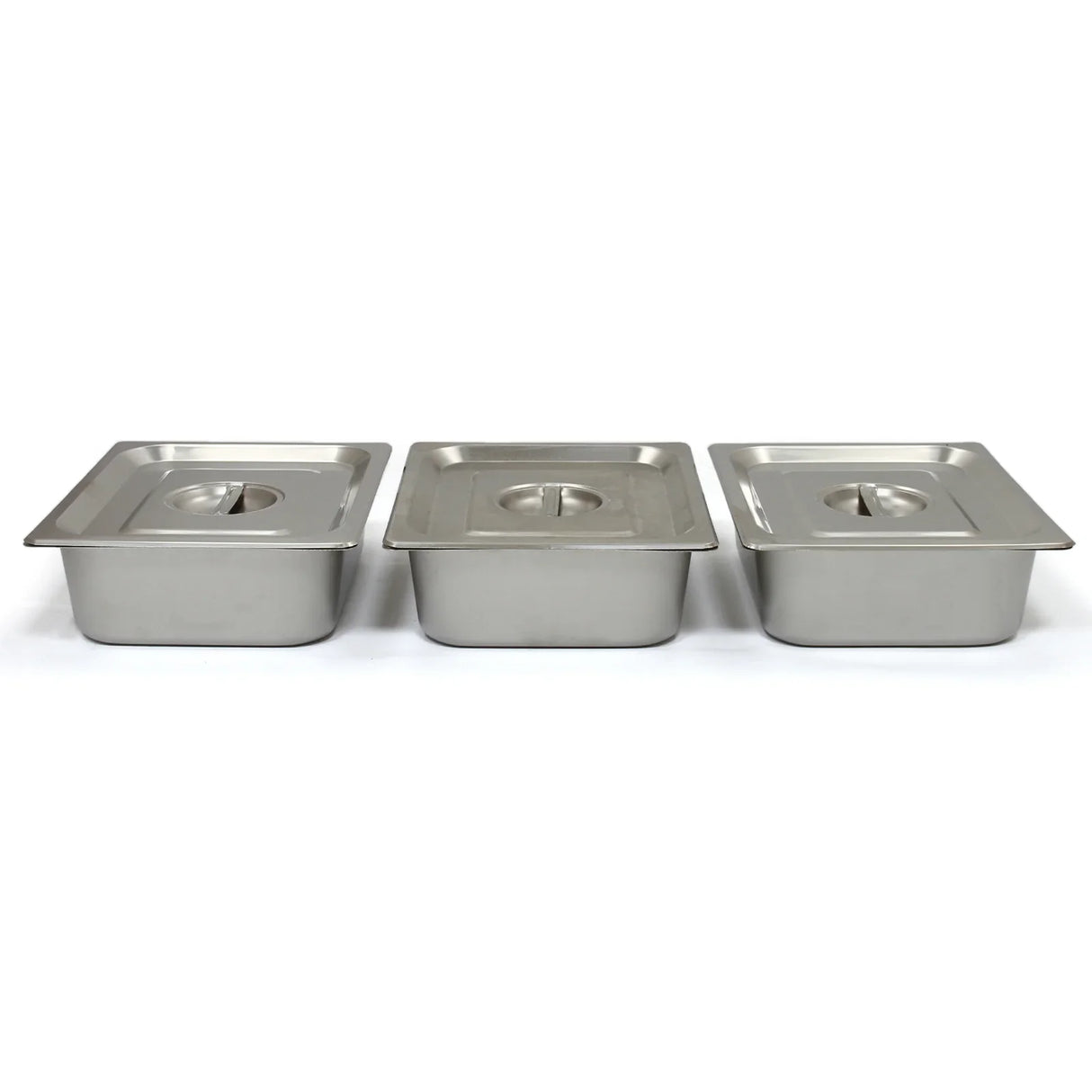 Three stainless steel pans with lids for the KuKoo 3 Pan Wet Well Bain Marie, featuring a sleek, polished finish and rectangular shape