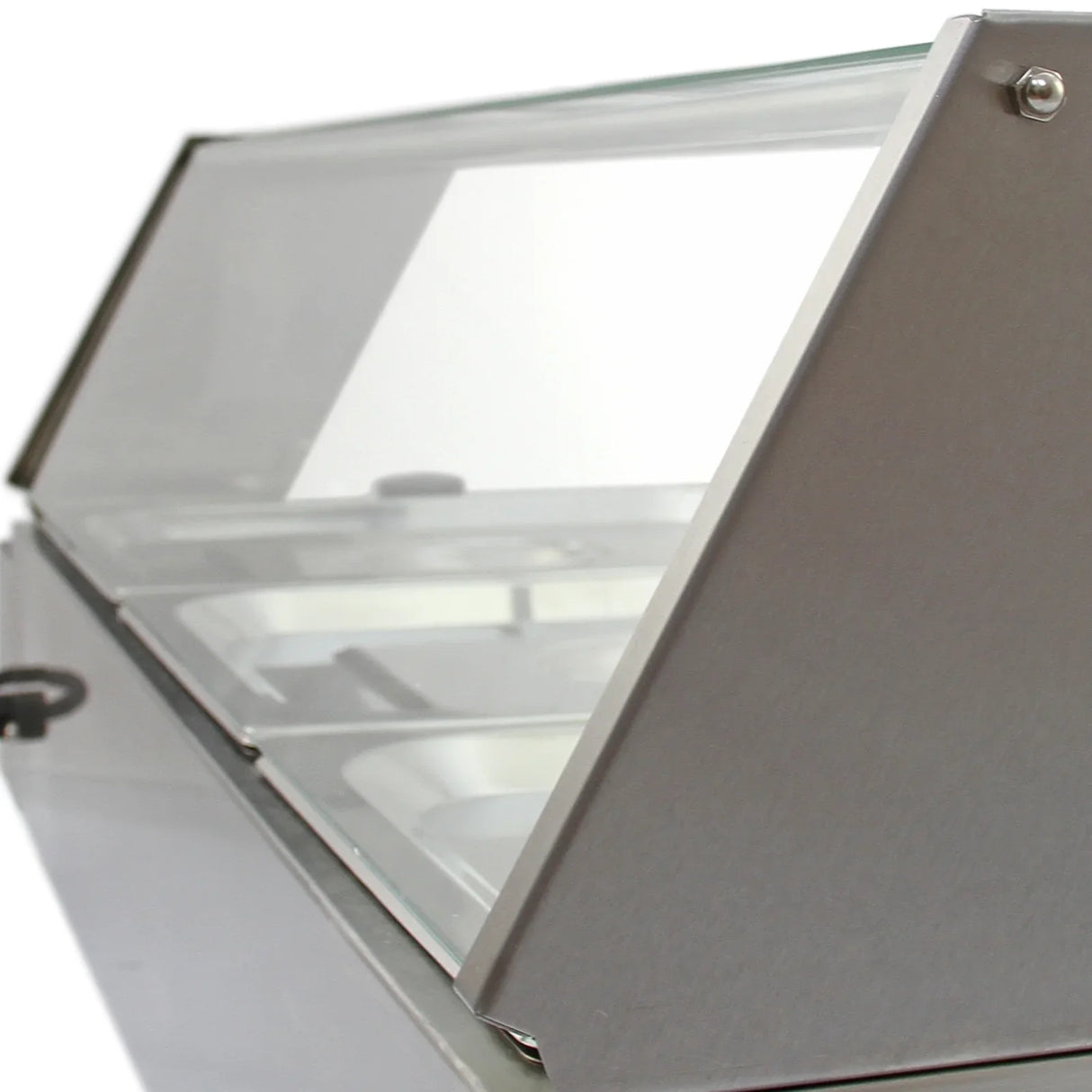 KuKoo 3 Pan Wet Well Bain Marie with stainless steel body, angled glass lid, and three compartments for food display and warming