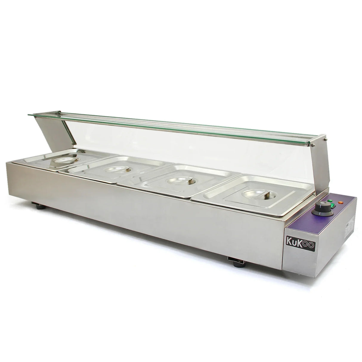 Stainless steel KuKoo 4 pan wet well bain marie with glass lid, featuring four food pans and adjustable temperature control