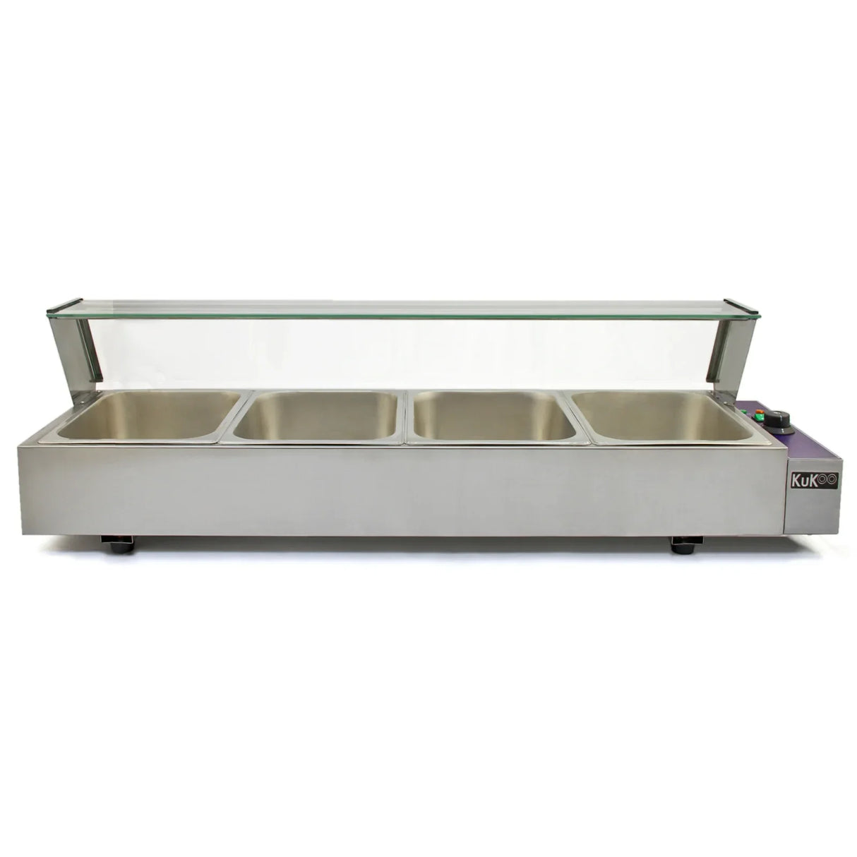 KuKoo 4 Pan Wet Well Bain Marie with stainless steel body, four deep compartments, and a glass lid for food display and warmth