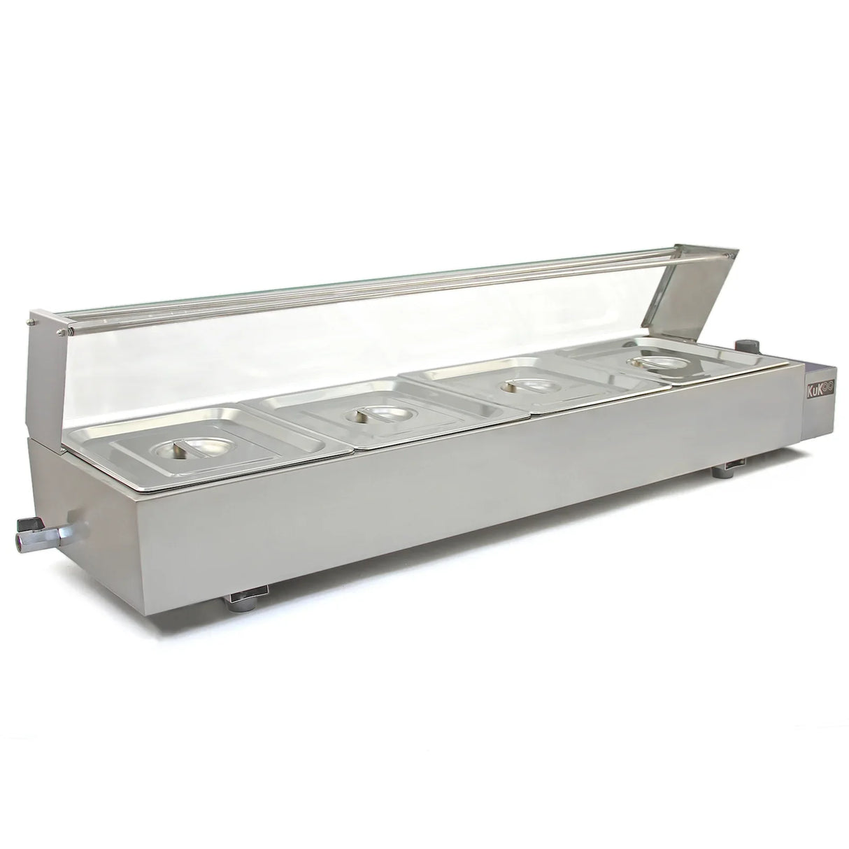 Stainless steel KuKoo 4 Pan Wet Well Bain Marie with a clear lid, featuring four deep compartments for food storage and serving