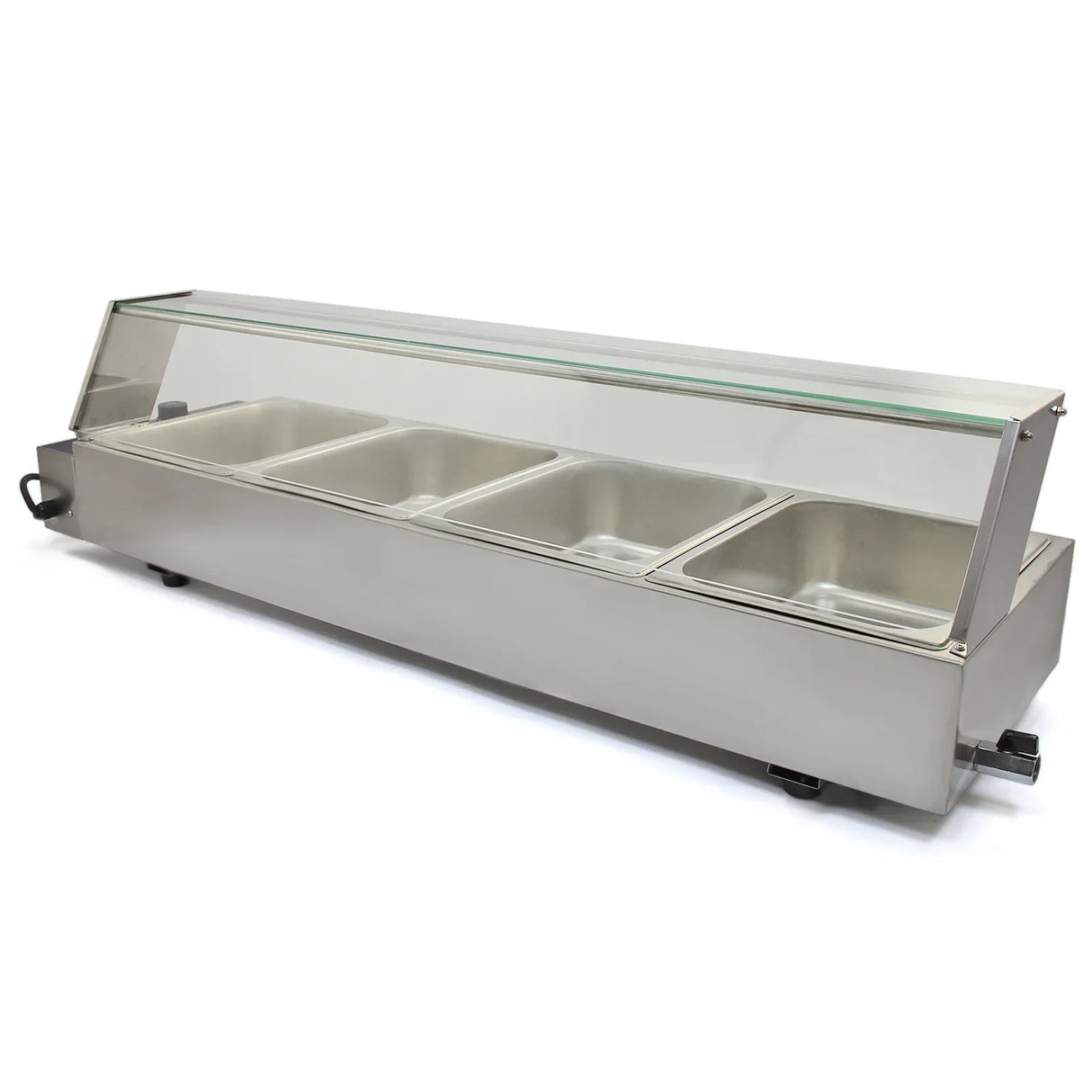 Stainless steel KuKoo 4 Pan Wet Well Bain Marie with clear glass lid, designed for keeping food warm in a commercial kitchen setting