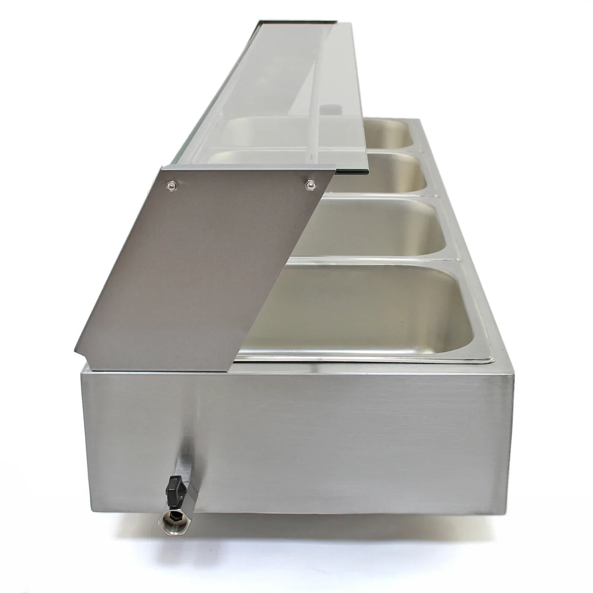 Stainless steel KuKoo 4 Pan Wet Well Bain Marie with a glass lid, featuring four compartments for food storage and serving