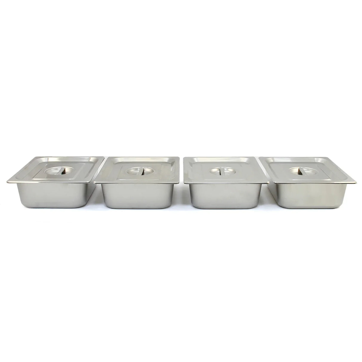 Stainless steel KuKoo 4 pan wet well bain marie with four rectangular compartments, each featuring a lid and a smooth finish