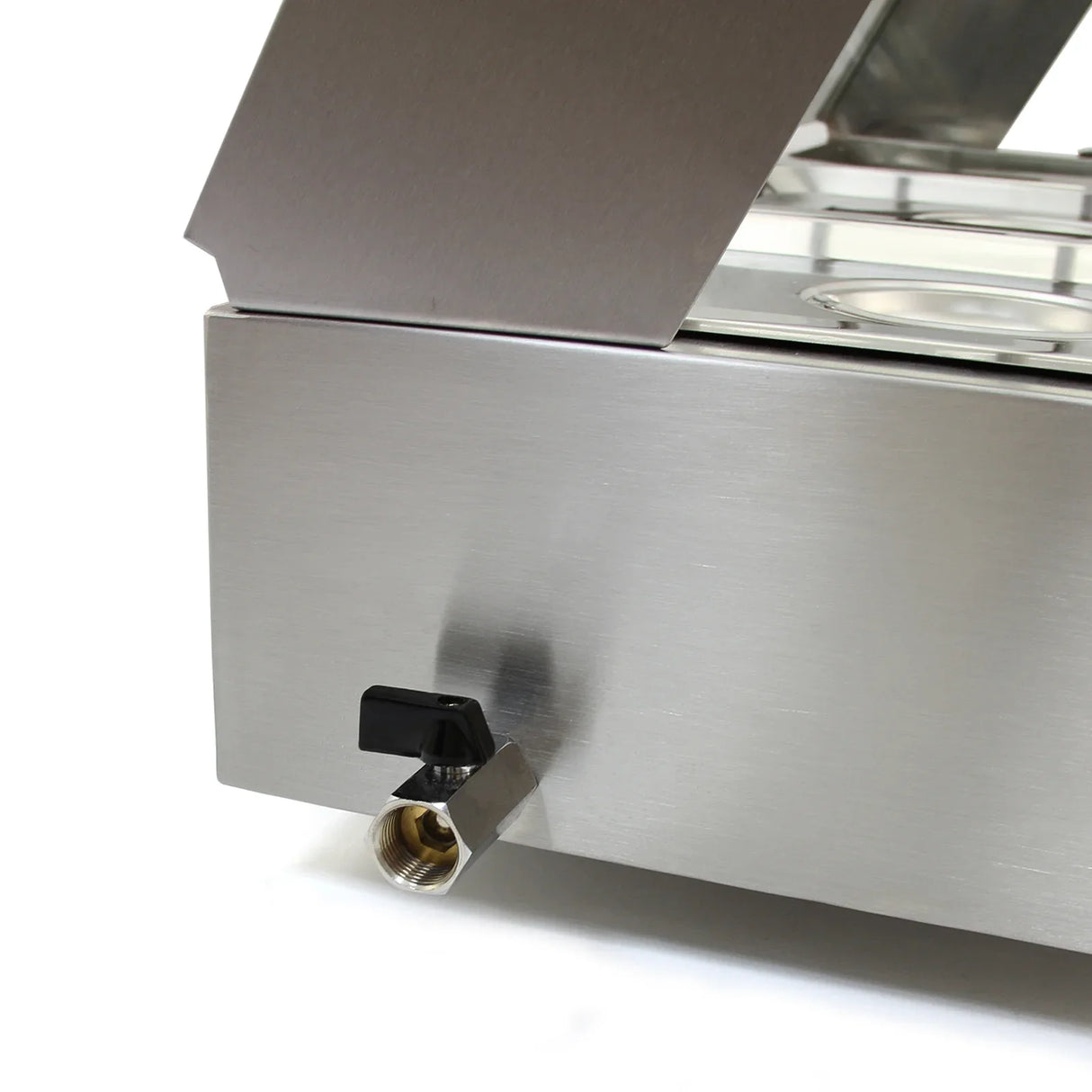 Stainless steel KuKoo 4 Pan Wet Well Bain Marie featuring a sleek design and a water drainage valve for easy maintenance