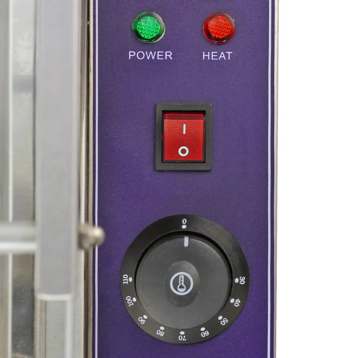 Control panel of KuKoo 5 Pan Wet Well Bain Marie featuring power and heat indicators, a switch, and a temperature dial