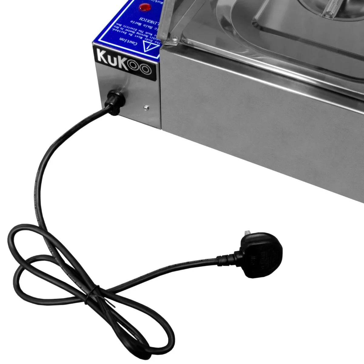 KuKoo 5 Pan Wet Well Bain Marie with stainless steel body, blue control panel, and a black power cord for easy connectivity