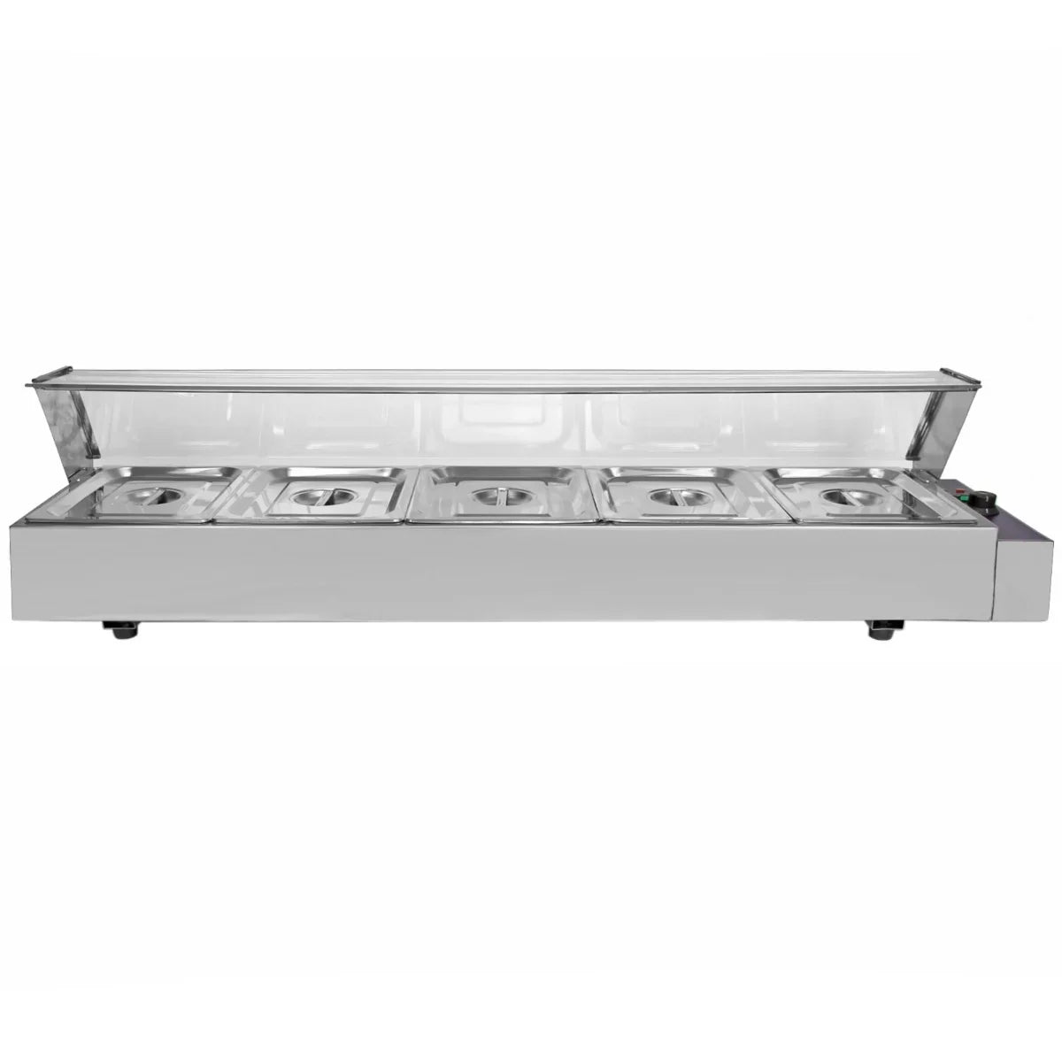 Stainless steel KuKoo 5 pan wet well bain marie with a clear lid, designed for keeping food warm in commercial kitchens