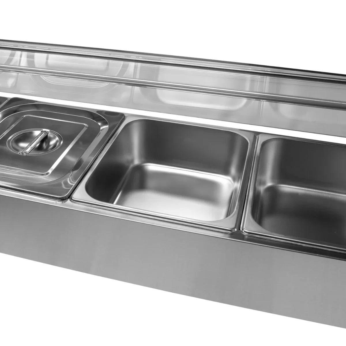 Stainless steel KuKoo 5 Pan Wet Well Bain Marie with five compartments, featuring a sleek, polished finish and sturdy construction