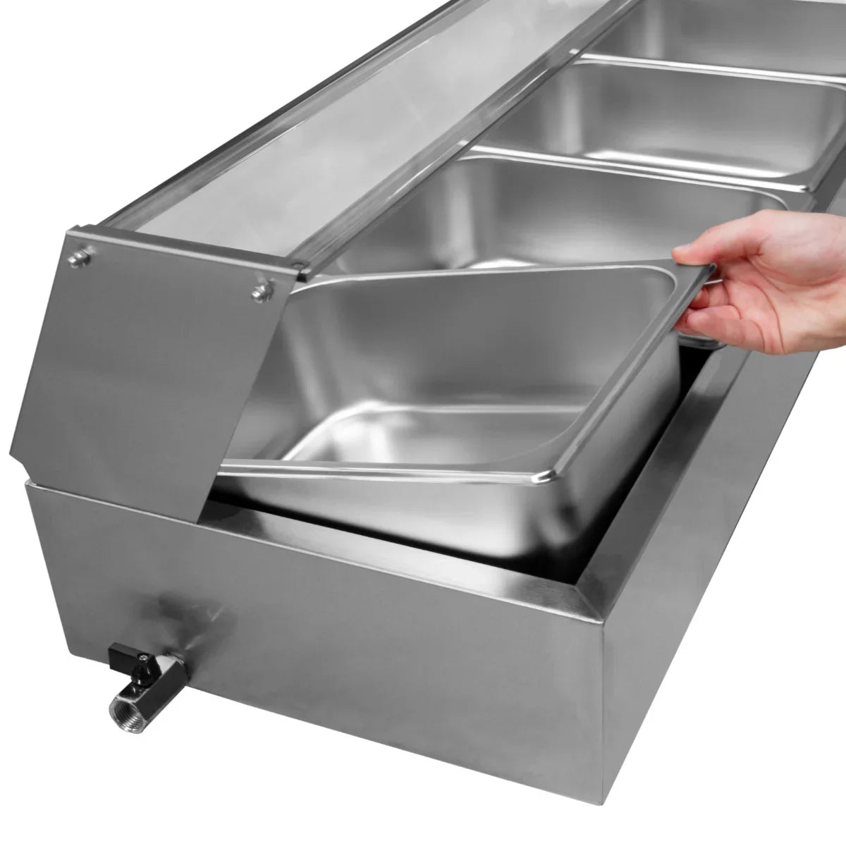 Stainless steel KuKoo 5 pan wet well bain marie with a glass lid and a hand removing a pan, ideal for food service and catering