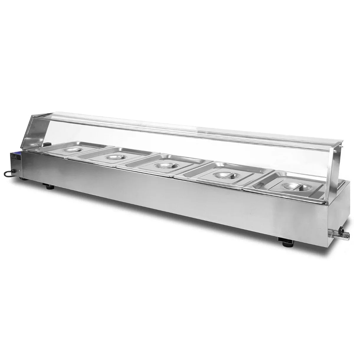 Stainless steel KuKoo 5 Pan Wet Well Bain Marie with a clear lid, featuring five round food pans for buffet service and warming