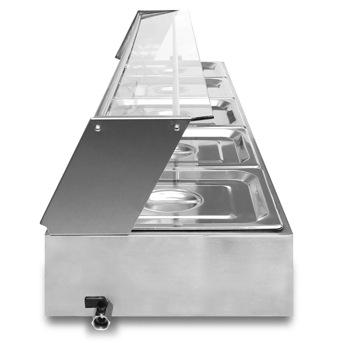 Stainless steel KuKoo 5 Pan Wet Well Bain Marie with clear glass lid, featuring five compartments for food storage and serving