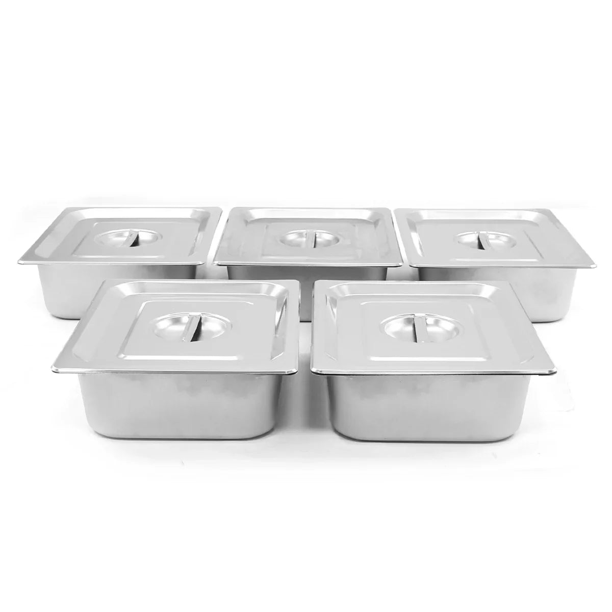 Stainless steel 5 pan wet well bain marie with square lids, perfect for keeping food warm in a commercial kitchen setting