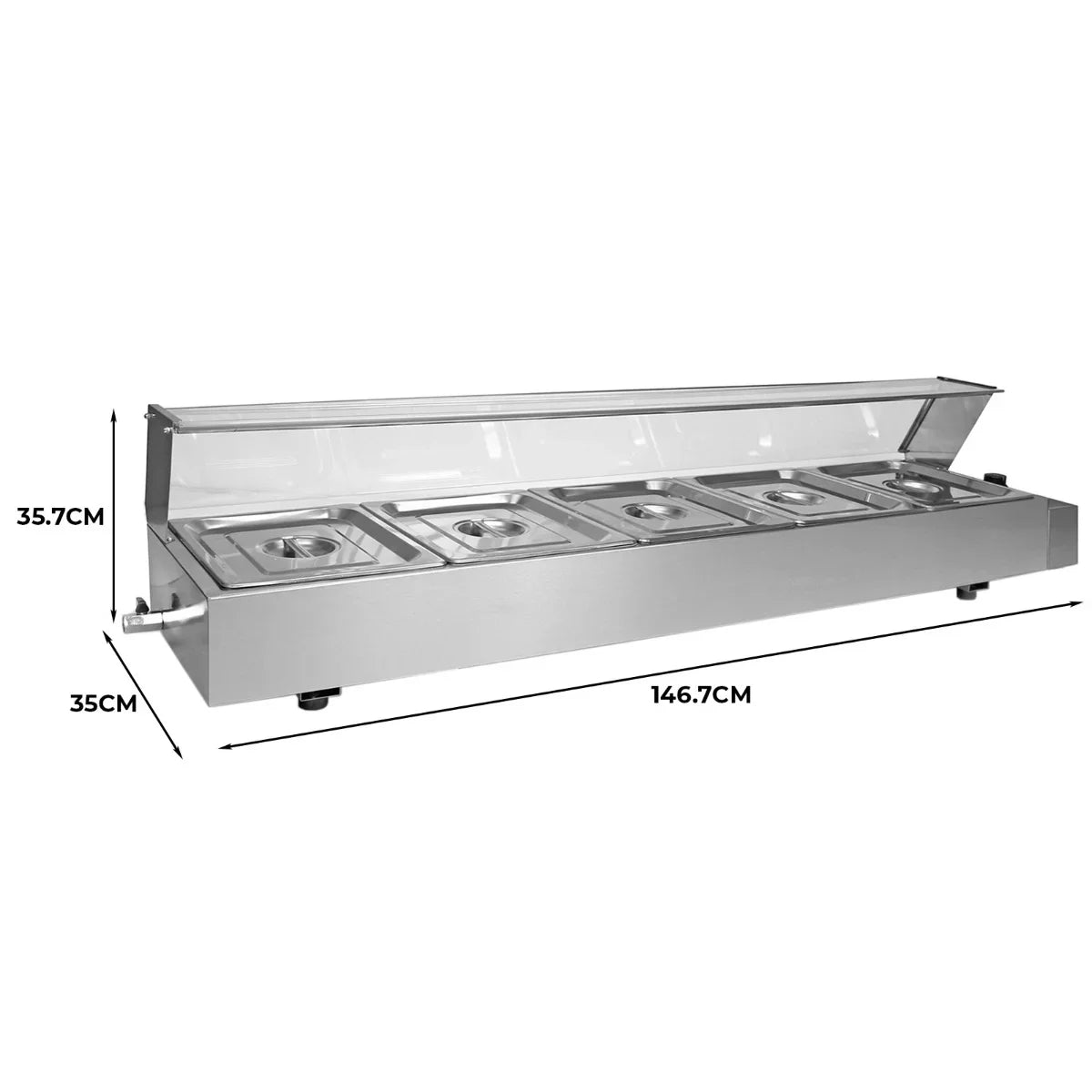 Stainless steel KuKoo 5 Pan Wet Well Bain Marie with clear lid, dimensions 146.7cm x 35cm x 35.7cm, ideal for food service