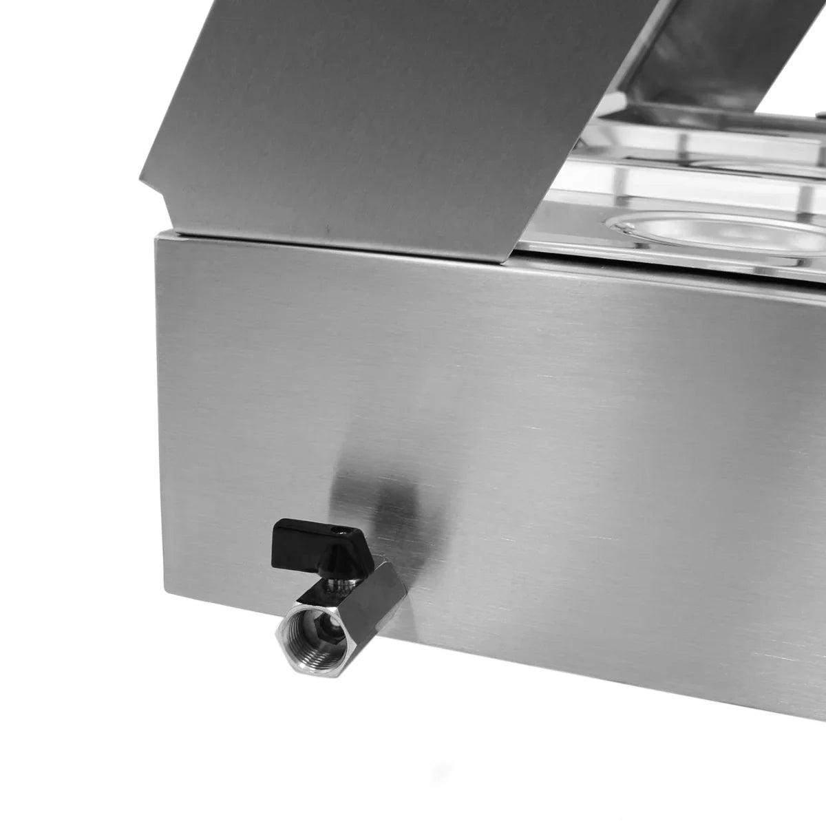 Stainless steel KuKoo 5 Pan Wet Well Bain Marie featuring a sleek design and a valve for easy drainage and maintenance