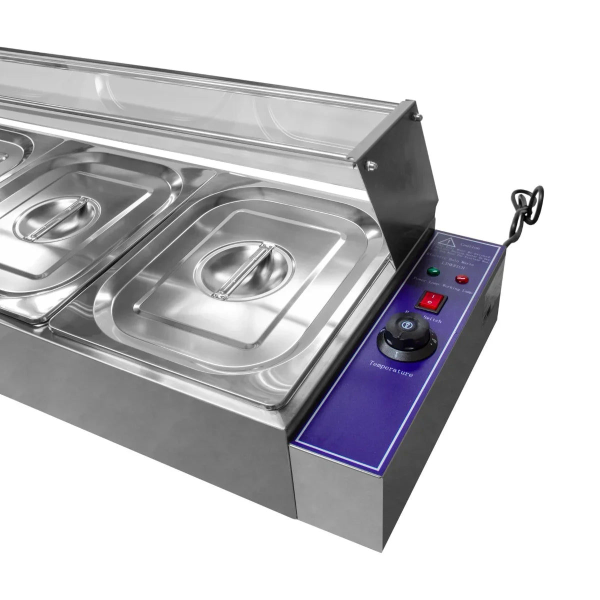 Stainless steel KuKoo 5 Pan Wet Well Bain Marie with clear lid, temperature control panel, and five food pans for serving hot dishes