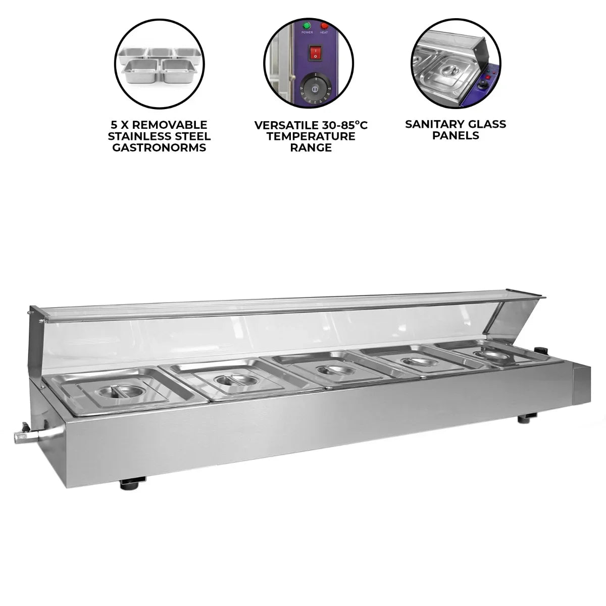 Stainless steel KuKoo 5 Pan Wet Well Bain Marie with removable gastronorms, glass panels, and adjustable temperature control from 30-85°C