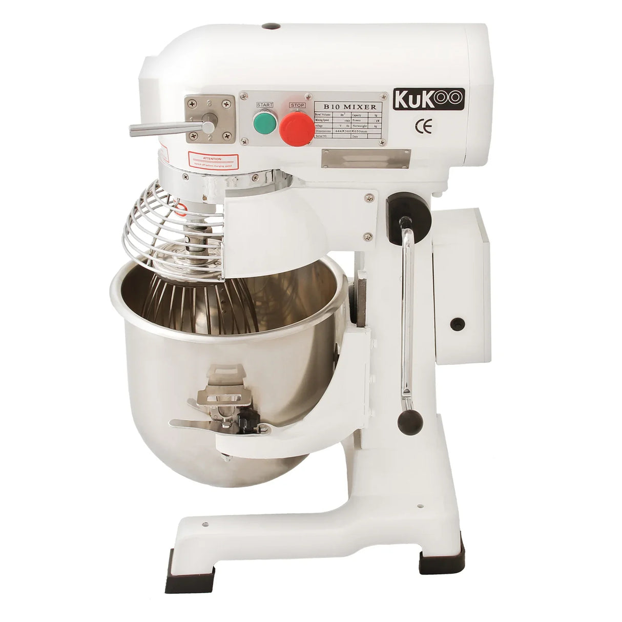 Commercial 10L planetary food mixer with stainless steel bowl, white body, and whisk attachment, ideal for baking and food preparation
